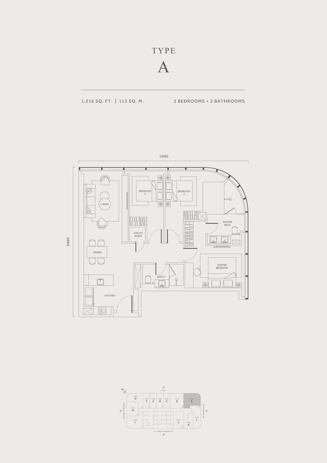 CloutHaus Residences Type A floor plan, 1,216 sqft, 3 bedrooms